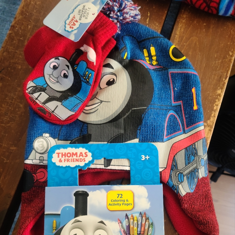 Thomas and Friends toddler size hat and gloves. Along w/ On the Go Coloring book